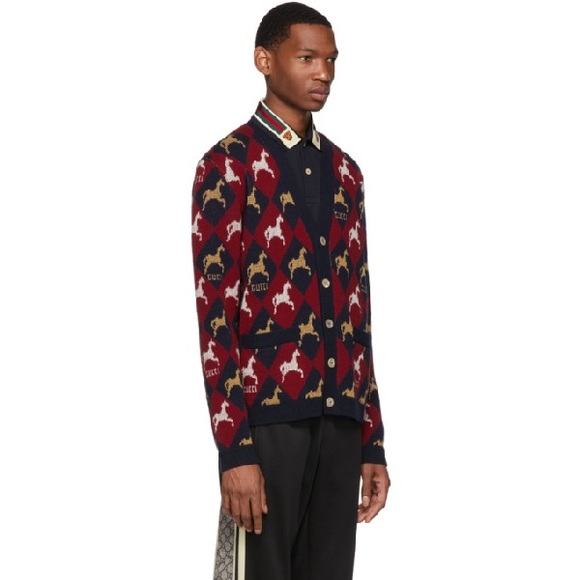 Gucci Other - GUCCI RED AND NAVY JACQUARD EQUESTRIAN CARDIGAN